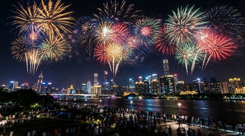 Photorealistic photo of fireworks over a city, wide shot with open space at the top for text, vivid colors, high contrast, energetic, 16:9 aspect ratio