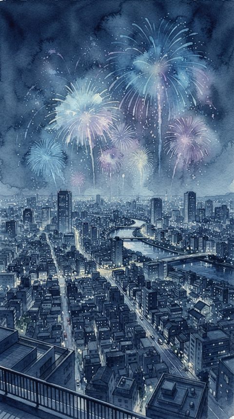 Watercolor illustration of fireworks over a city, high-angle view from above, cool blue tones, quiet atmosphere, 9:16 aspect ratio