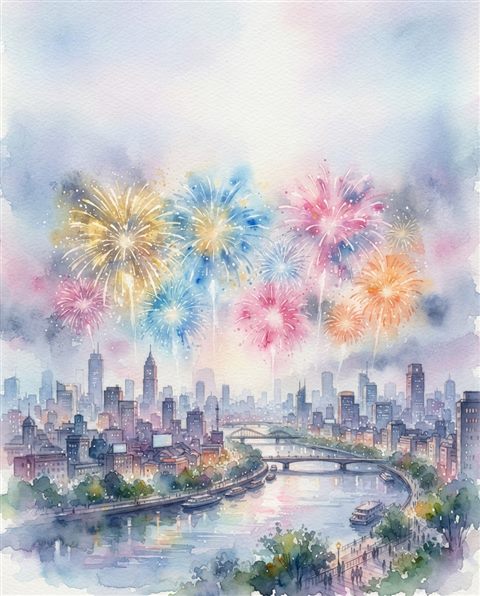 Watercolor illustration of fireworks over a city, wide shot with open space at the top for text, misty morning haze, dreamy, 4:5 aspect ratio