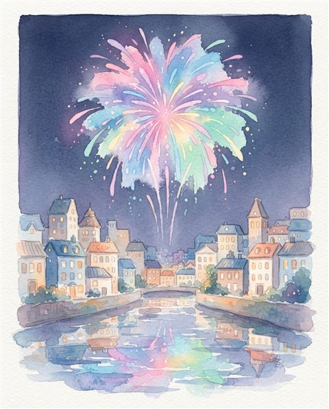 Watercolor illustration of fireworks over a city, centered subject with a simple uncluttered composition, soft pastel colors, bright and cozy, 4:5 aspect ratio