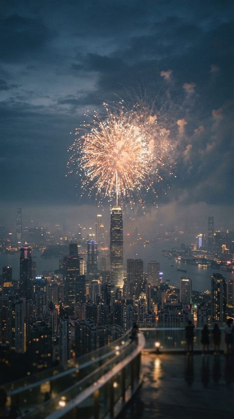 Cinematic film still of fireworks over a city, centered subject with a simple uncluttered composition, misty morning haze, dreamy, 9:16 aspect ratio