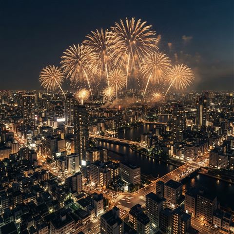 Photorealistic photo of fireworks over a city, high-angle view from above, warm golden light, calm mood, 1:1 aspect ratio