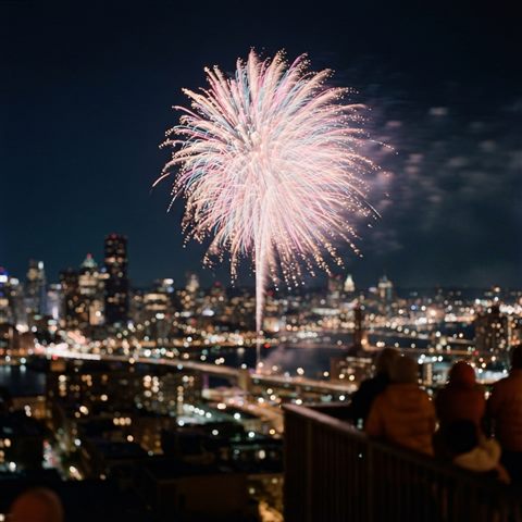 Photorealistic photo of fireworks over a city, close-up detail with shallow depth of field, soft pastel colors, bright and cozy, 1:1 aspect ratio
