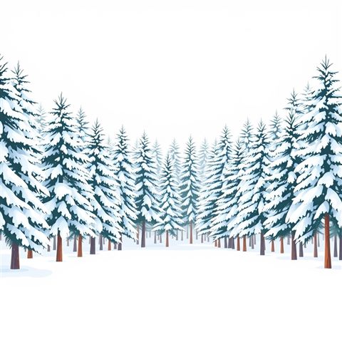 Minimal flat illustration of Soft white snow gently falling over a quiet, snow-dusted pine forest., wide shot with open space at the top for text, soft pastel colors, bright and cozy, 1:1 aspect ratio
