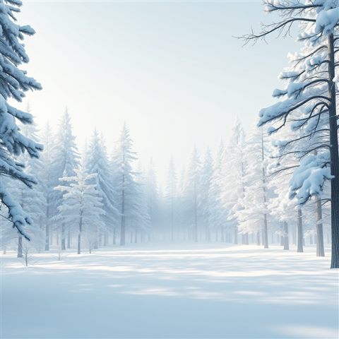 Soft 3D render of Soft white snow gently falling over a quiet, snow-dusted pine forest., wide shot with open space at the top for text, misty morning haze, dreamy, 1:1 aspect ratio