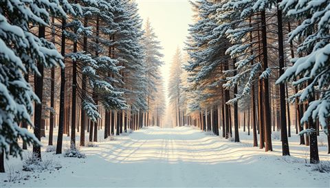 Photorealistic photo of Soft white snow gently falling over a quiet, snow-dusted pine forest., centered subject with a simple uncluttered composition, warm golden light, calm mood, 16:9 aspect ratio