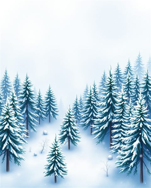 Watercolor illustration of Soft white snow gently falling over a quiet, snow-dusted pine forest., high-angle view from above, cool blue tones, quiet atmosphere, 4:5 aspect ratio