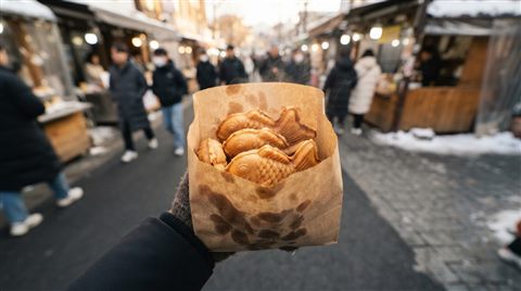 Photorealistic photo of fish shaped pastries bungeoppang in a paper bag in winter, high-angle view from above, warm golden light, calm mood, 16:9 aspect ratio