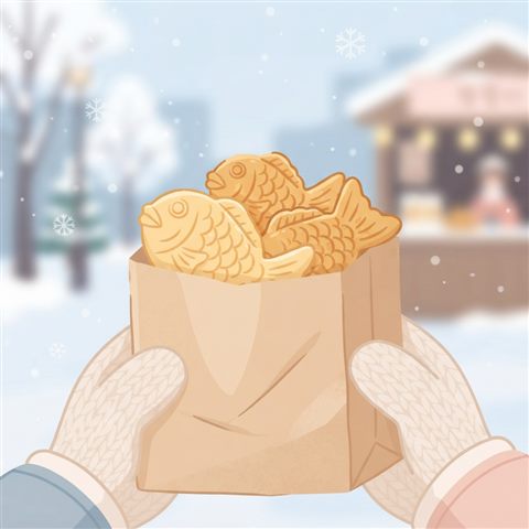 겨울날 종이봉투에 담긴 붕어빵, 미니멀 플랫 일러스트, 가까이 담은 디테일, 얕은 심도, 부드러운 파스텔 색감, 밝고 포근한 분위기, 1:1 비율