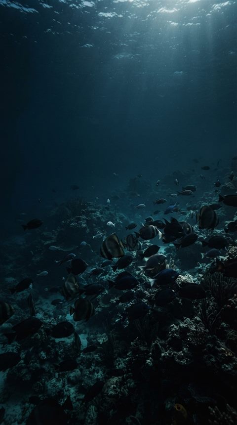 Cinematic film still of tropical fish in clear water, wide shot with open space at the top for text, moody dark tones, dramatic lighting, 9:16 aspect ratio