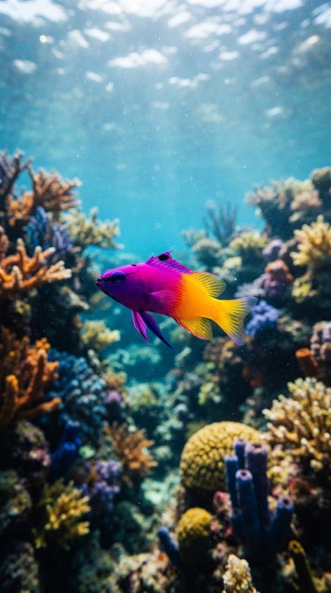 Cinematic film still of tropical fish in clear water, centered subject with a simple uncluttered composition, vivid colors, high contrast, energetic, 9:16 aspect ratio