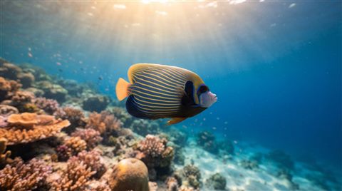 Photorealistic photo of tropical fish in clear water, centered subject with a simple uncluttered composition, warm golden light, calm mood, 16:9 aspect ratio