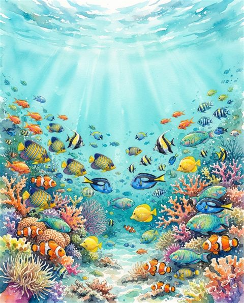 Watercolor illustration of tropical fish in clear water, wide shot with open space at the top for text, vivid colors, high contrast, energetic, 4:5 aspect ratio