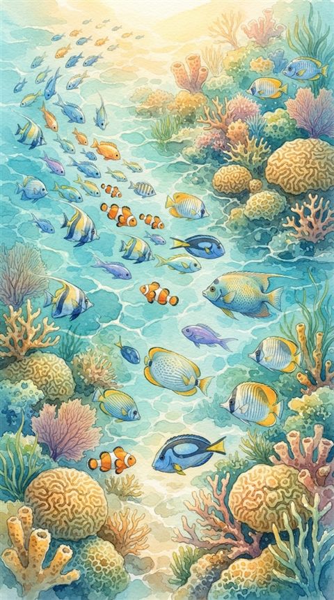 Watercolor illustration of tropical fish in clear water, high-angle view from above, warm golden light, calm mood, 9:16 aspect ratio