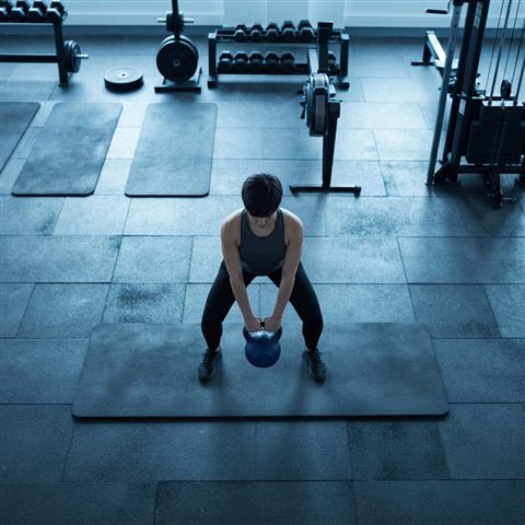 Photorealistic photo of fitness workout, high-angle view from above, cool blue tones, quiet atmosphere, 1:1 aspect ratio