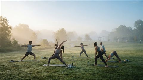 Photorealistic photo of fitness workout, wide shot with open space at the top for text, misty morning haze, dreamy, 16:9 aspect ratio