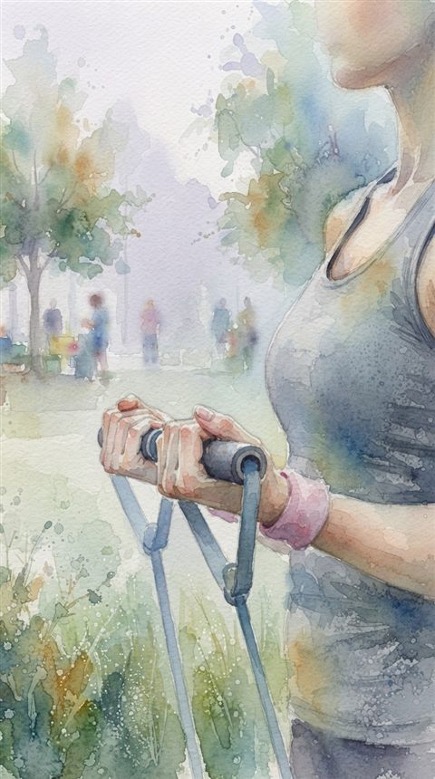 Watercolor illustration of fitness workout, close-up detail with shallow depth of field, misty morning haze, dreamy, 9:16 aspect ratio