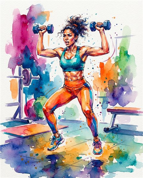 Watercolor illustration of fitness workout, centered subject with a simple uncluttered composition, vivid colors, high contrast, energetic, 4:5 aspect ratio