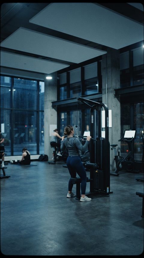 Cinematic film still of fitness workout, wide shot with open space at the top for text, cool blue tones, quiet atmosphere, 9:16 aspect ratio