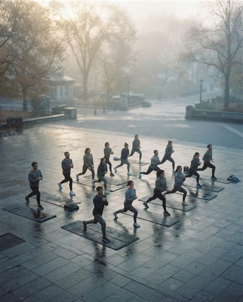Cinematic film still of fitness workout, high-angle view from above, misty morning haze, dreamy, 4:5 aspect ratio