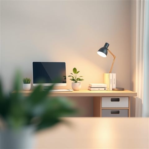 Soft 3D render of A minimalist flat vector design of a cozy home office setup with a desk, plant, and lamp., close-up detail with shallow depth of field, misty morning haze, dreamy, 1:1 aspect ratio
