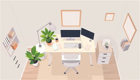 Minimal flat illustration of A minimalist flat vector design of a cozy home office setup with a desk, plant, and lamp., high-angle view from above, soft pastel colors, bright and cozy, 16:9 aspect ratio