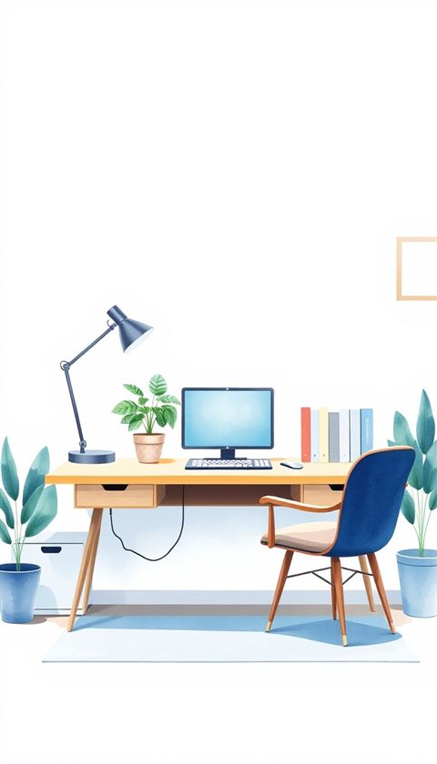 Watercolor illustration of A minimalist flat vector design of a cozy home office setup with a desk, plant, and lamp., centered subject with a simple uncluttered composition, cool blue tones, quiet atmosphere, 9:16 aspect ratio