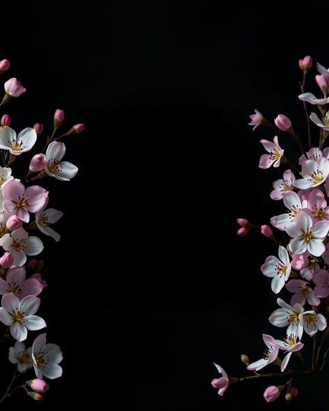 Photorealistic photo of An elegant rectangular botanical border made of delicate pink and white spring blossoms with negative space in the center., close-up detail with shallow depth of field, moody dark tones, dramatic lighting, 4:5 aspect ratio