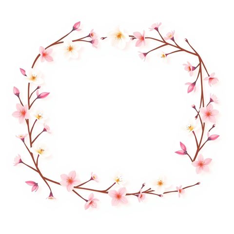 Minimal flat illustration of An elegant rectangular botanical border made of delicate pink and white spring blossoms with negative space in the center., centered subject with a simple uncluttered composition, soft pastel colors, bright and cozy, 1:1 aspect ratio