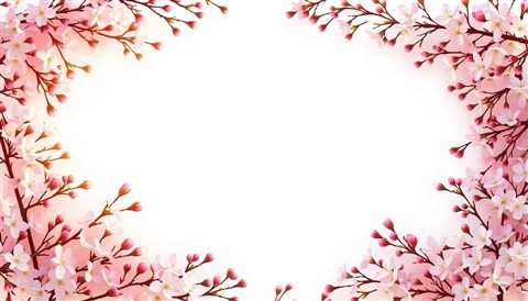Photorealistic photo of An elegant rectangular botanical border made of delicate pink and white spring blossoms with negative space in the center., wide shot with open space at the top for text, warm golden light, calm mood, 16:9 aspect ratio
