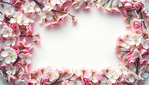 Cinematic film still of An elegant rectangular botanical border made of delicate pink and white spring blossoms with negative space in the center., high-angle view from above, vivid colors, high contrast, energetic, 16:9 aspect ratio