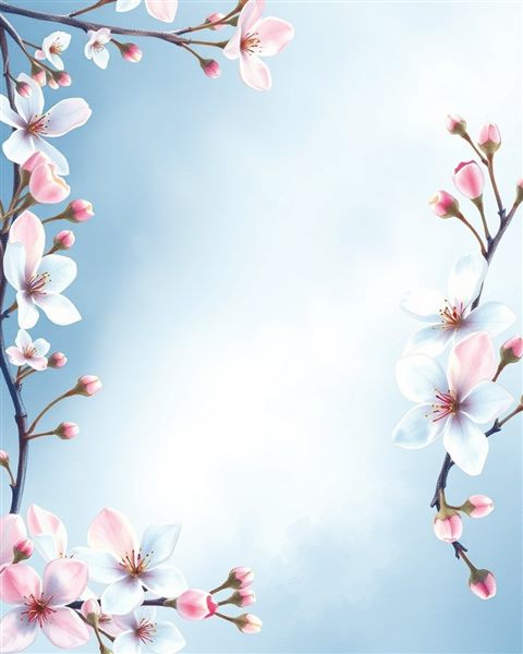 Watercolor illustration of An elegant rectangular botanical border made of delicate pink and white spring blossoms with negative space in the center., close-up detail with shallow depth of field, cool blue tones, quiet atmosphere, 4:5 aspect ratio