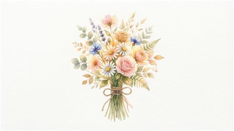 Watercolor illustration on a plain white background of a bouquet of flowers, simple icon-like composition, warm golden light, calm mood, 16:9 aspect ratio