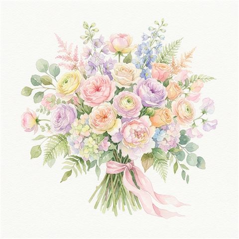 Watercolor illustration on a plain white background of a bouquet of flowers, isolated single subject, centered, soft pastel colors, bright and cozy, 1:1 aspect ratio