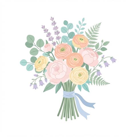 Flat vector illustration on a plain white background of a bouquet of flowers, small set of several items arranged neatly, soft pastel colors, bright and cozy, 1:1 aspect ratio