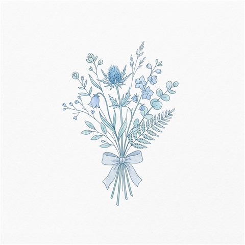 Simple line art with soft colors on a plain white background of a bouquet of flowers, small set of several items arranged neatly, cool blue tones, quiet atmosphere, 1:1 aspect ratio