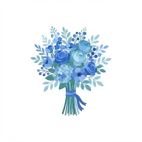 Flat vector illustration on a plain white background of a bouquet of flowers, isolated single subject, centered, cool blue tones, quiet atmosphere, 1:1 aspect ratio