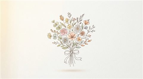 Simple line art with soft colors on a plain white background of a bouquet of flowers, isolated single subject, centered, warm golden light, calm mood, 16:9 aspect ratio