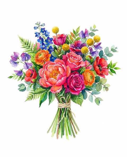Watercolor illustration on a plain white background of a bouquet of flowers, small set of several items arranged neatly, vivid colors, high contrast, energetic, 4:5 aspect ratio