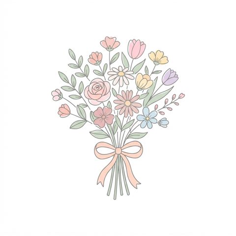 Simple line art with soft colors on a plain white background of a bouquet of flowers, simple icon-like composition, soft pastel colors, bright and cozy, 1:1 aspect ratio