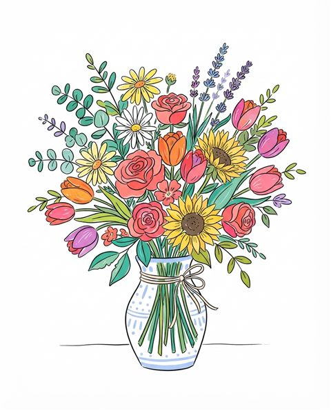 Simple line art with soft colors on a plain white background of a bouquet of flowers, cheerful scene with gentle details, vivid colors, high contrast, energetic, 4:5 aspect ratio