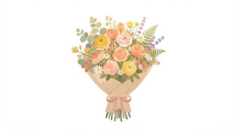 Flat vector illustration on a plain white background of a bouquet of flowers, cheerful scene with gentle details, warm golden light, calm mood, 16:9 aspect ratio