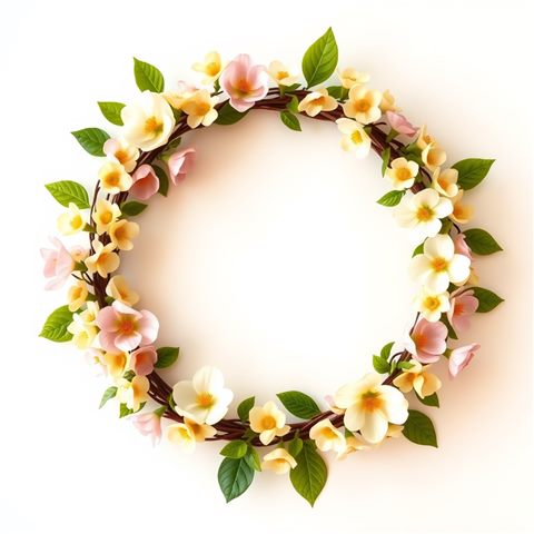 Photorealistic photo of A round decorative wreath made of fresh pastel-colored spring flowers and green leaves on a white background, close-up detail with shallow depth of field, warm golden light, calm mood, 1:1 aspect ratio