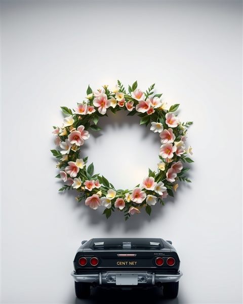 Photorealistic photo of A round decorative wreath made of fresh pastel-colored spring flowers and green leaves on a white background, wide shot with open space at the top for text, moody dark tones, dramatic lighting, 4:5 aspect ratio
