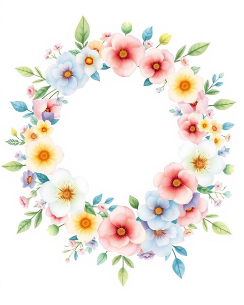 Watercolor illustration of A round decorative wreath made of fresh pastel-colored spring flowers and green leaves on a white background, wide shot with open space at the top for text, cool blue tones, quiet atmosphere, 4:5 aspect ratio