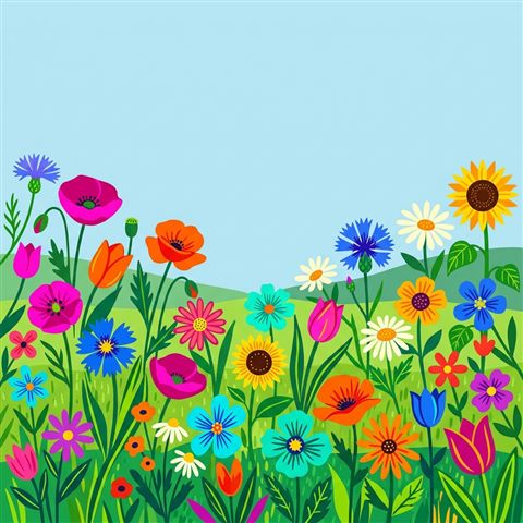 Minimal flat illustration of colorful flowers, wide shot with open space at the top for text, vivid colors, high contrast, energetic, 1:1 aspect ratio