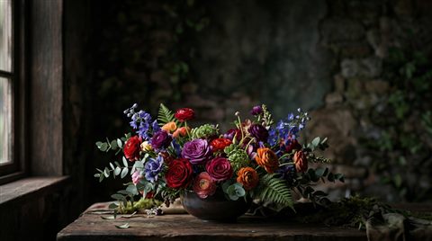 Soft 3d render of colorful flowers, wide shot with open space at the top for text, moody dark tones, dramatic lighting, 16:9 aspect ratio