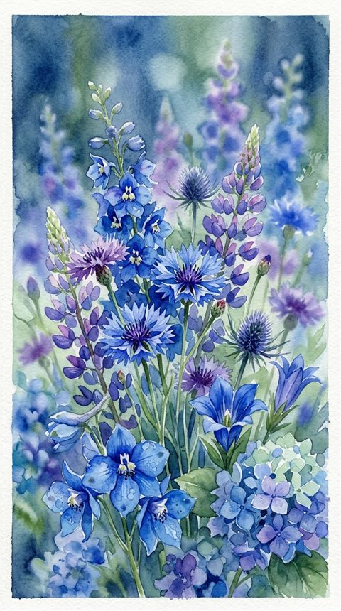 Watercolor illustration of colorful flowers, close-up detail with shallow depth of field, cool blue tones, quiet atmosphere, 9:16 aspect ratio
