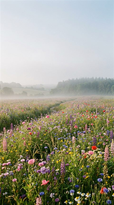 Cinematic film still of colorful flowers, wide shot with open space at the top for text, misty morning haze, dreamy, 9:16 aspect ratio