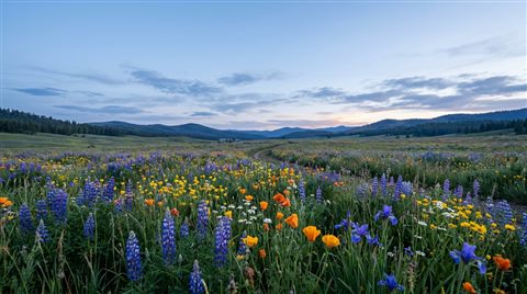 Photorealistic photo of colorful flowers, wide shot with open space at the top for text, cool blue tones, quiet atmosphere, 16:9 aspect ratio